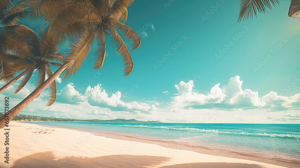 Palm trees shadow on the sandy beach and turquoise ocean from above. Amazing summer nature landscape. Stunning sunny beach scenery, relaxing peaceful and inspirational beach vacation template - obrazy, fototapety, plakaty 