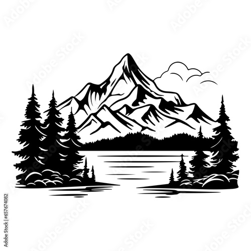 mountain icons set, hills, forest, wood, trees, rivers, lakes, nature landscape icons, travel mountain lake forest silhouette, 
