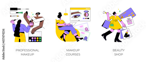 Beauty salon abstract concept vector illustration set. Professional makeup, makeup courses, beauty shop, online workshop, skin care products, gift card, cosmetics masterclass abstract metaphor.