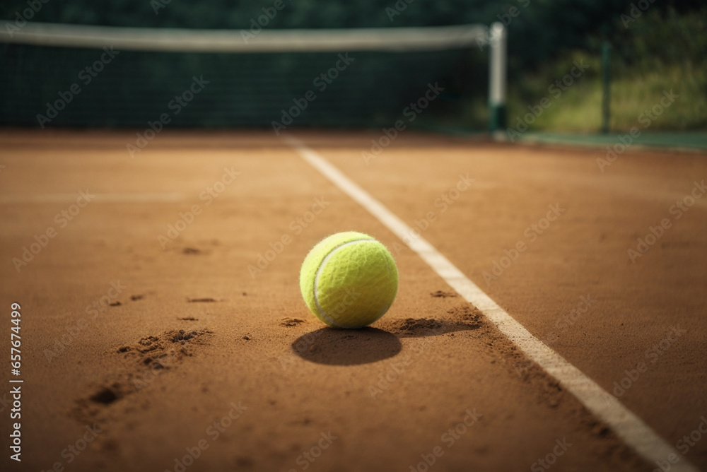 Tennis ball on the green field with sunlight. Sport concept.