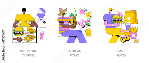 National cuisine abstract concept vector illustration set. American cuisine, mexican and fast food, barbecue dish, burrito recipe, chain restaurant, snack menu, takeout meal abstract metaphor.