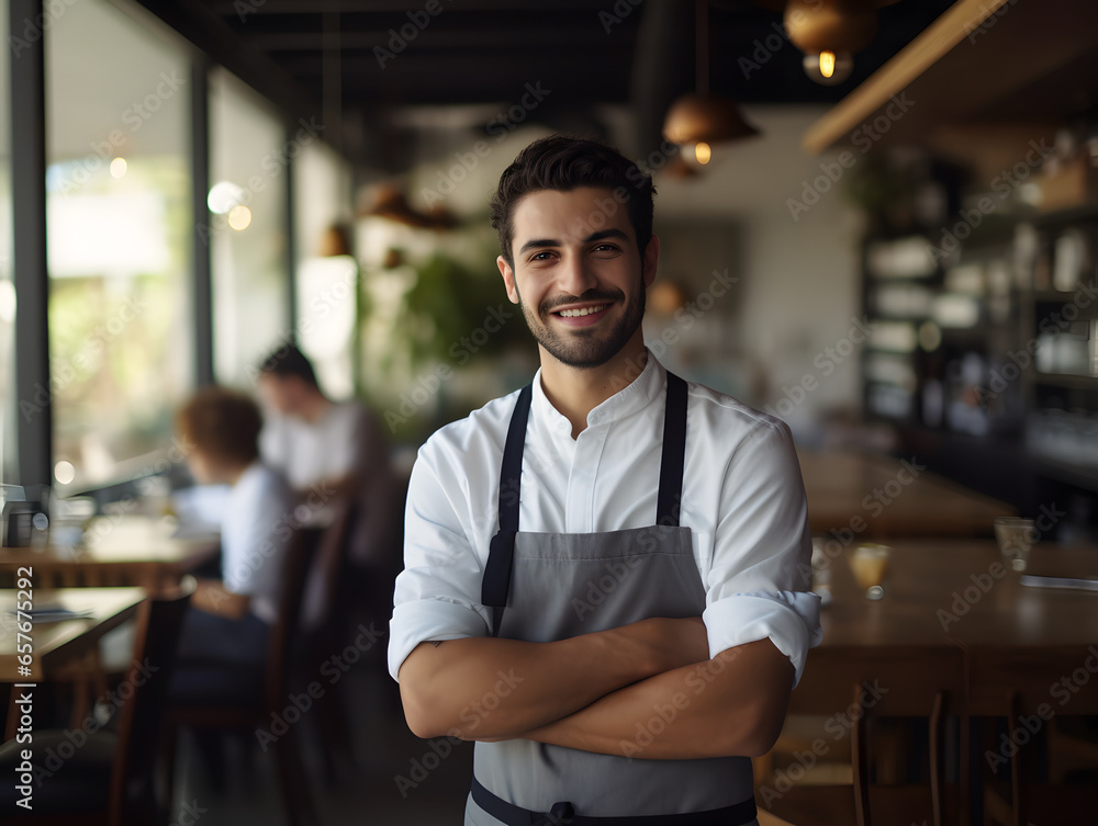 Portrait of smiling waiter standing with arms crossed in a cafe Portrait of smiling waiter standing with arms crossed in a cafe