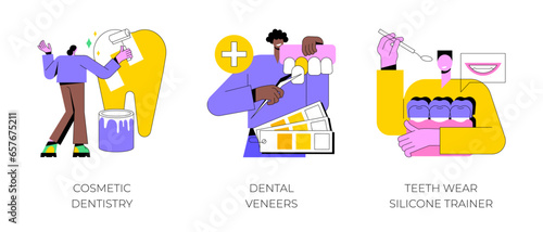 Dental service abstract concept vector illustration set. Cosmetic dentistry, dental veneers, teeth wear silicone trainer, teeth whitening, medical center, orthodontic clinic, smile abstract metaphor.