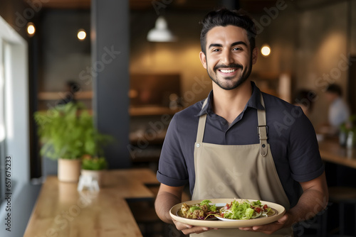 Portrait of waiter serving food to customers in restaurant