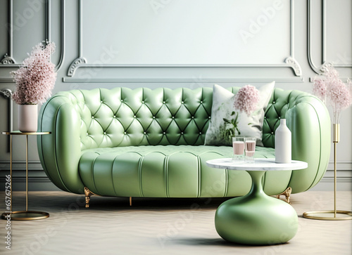 Modern luxury green furniture in the light  pastel colors room. Generative AI photo