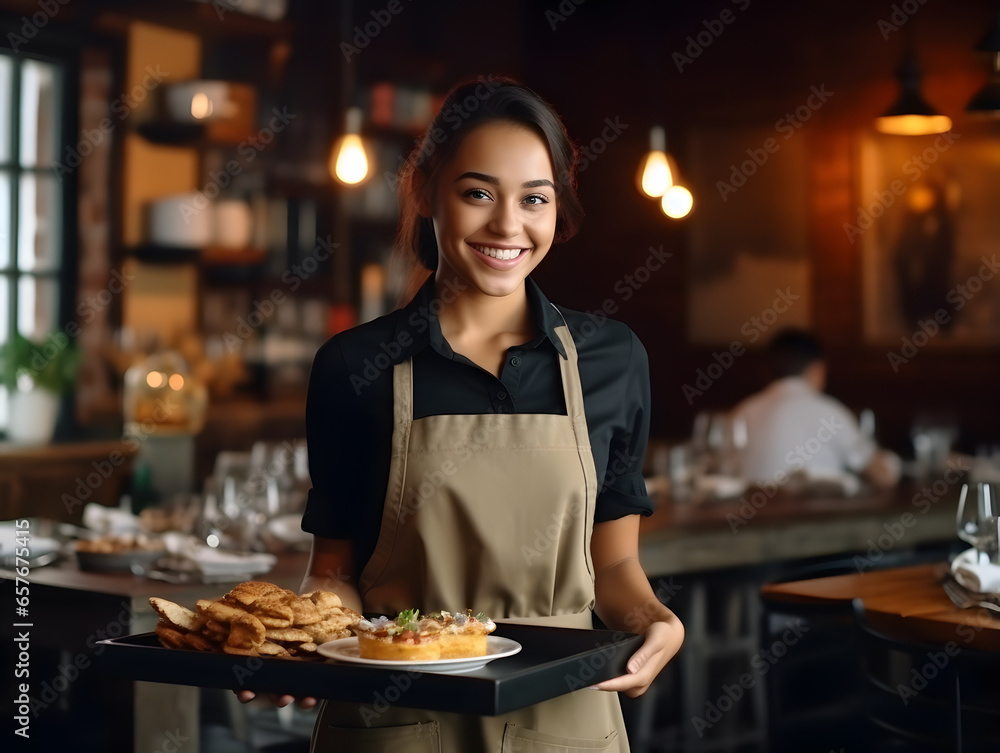 Portrait of a waitress serving food to customers in restaurant