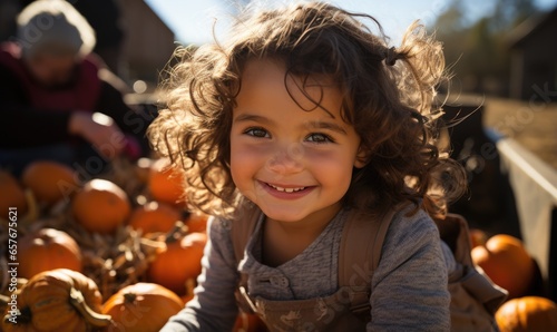 Portrait of happy little girl in pumpkin patch in autumn. Smiling child lookiing at camera, chooses pumpkins at farm market for Halloween or Thanksgiving Day. photo