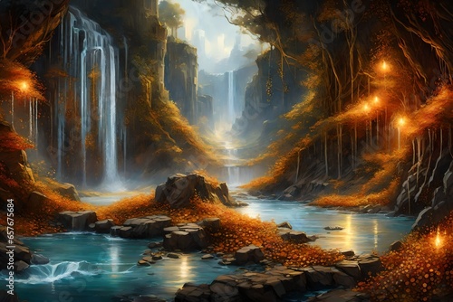 Craft a scene where a waterfall of molten gold flows into a river of liquid silver, surrounded by diamond-studded shores