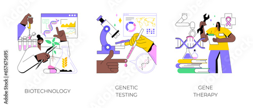 Laboratory research abstract concept vector illustration set. Biotechnology, genetic testing and gene therapy, biotech company, DNA ancestry test, human genome, immunotherapy abstract metaphor.