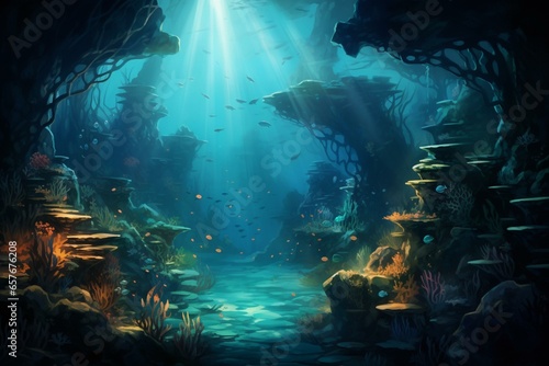 Underwater scene with diverse sea views. Generative AI