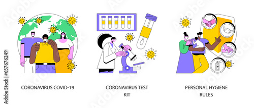 Coronavirus disease outbreak abstract concept vector illustration set. Novel coronavirus covid19 test kit, personal hygiene rules, covid diagnosis, wash hands, wear a mask abstract metaphor.