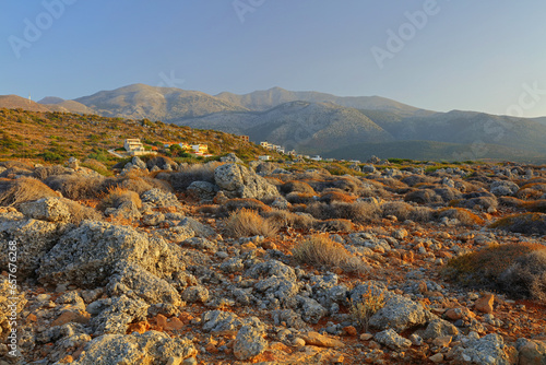 Late evening sunlight near Malia with the makhaira mountains in the distance. Crete, Greece. photo