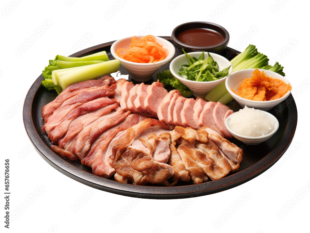 Samgyeopsal is a popular Korean dish that consists of grilled pork belly strips. Samgyeopsal is a popular Korean dish that consists of grilled pork belly strips.