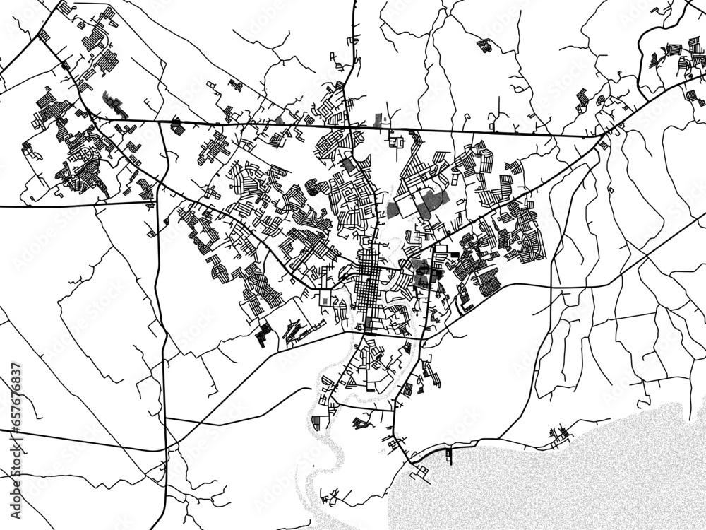 Greyscale vector city map of  Lucena in the Philippines with with water, fields and parks, and roads on a white background.