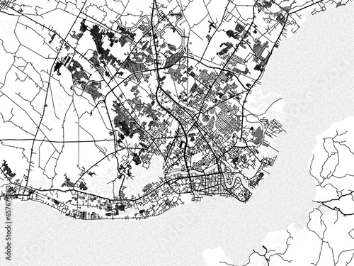 Greyscale vector city map of Iloilo in the Philippines with with water, fields and parks, and roads on a white background.