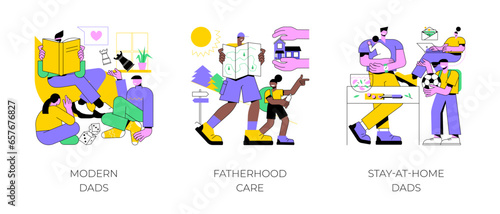 Parenthood abstract concept vector illustration set. Modern dads, fatherhood care, stay-at-home dads, happy kid family, fathers day, breadwinner mom, parental leave, domestic work abstract metaphor.