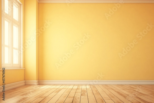empty room yellow mustard wall and wooden floor ,Empty showcase for product presentation