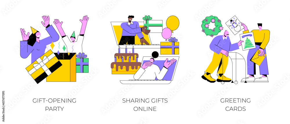 Online celebration abstract concept vector illustration set. Gift-opening party, sharing gifts online, greeting cards, guest invitation, unpacking present, camera, winter holiday abstract metaphor.