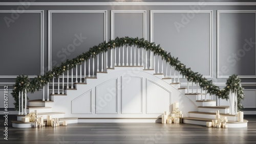 a staircase adorned with Christmas decor in a single color theme  all-white or silver. minimalist ornaments  lights  and garlands that harmonize with the staircase s modern design.