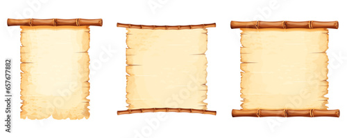 Set Bamboo frames with old parchment paper decorated with rope in cartoon style isolated on white background. Game ui board, sign