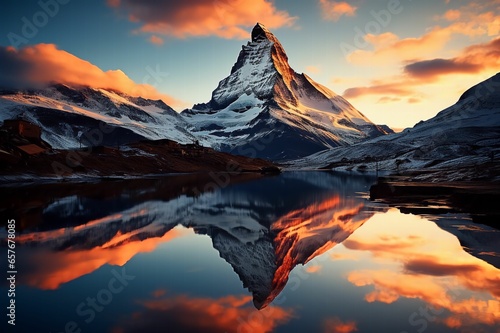Grande montagne pointu et enneigé qui reflète dans un jolie lac transparent, ciel bleu avec de léger nuage au lever du soleil