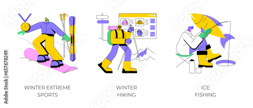 Mountain vacation abstract concept vector illustration set. Winter extreme sports, winter hiking, ice fishing, ski and snowboard equipment, travel and hobby, outdoor activity abstract metaphor.