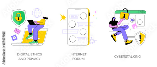 Internet privacy violation abstract concept vector illustration set. Digital ethics and privacy, Internet forum, cyberstalking, data protection, user information, social media abstract metaphor.
