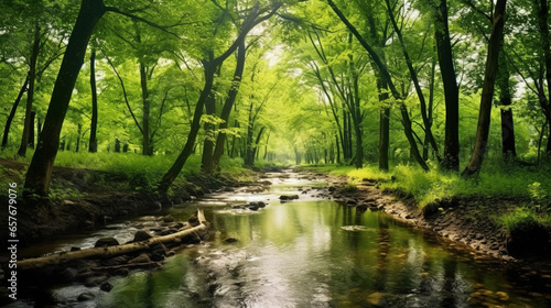 Flowing River Water Surrounded By Lush Green Rainy Forest Background