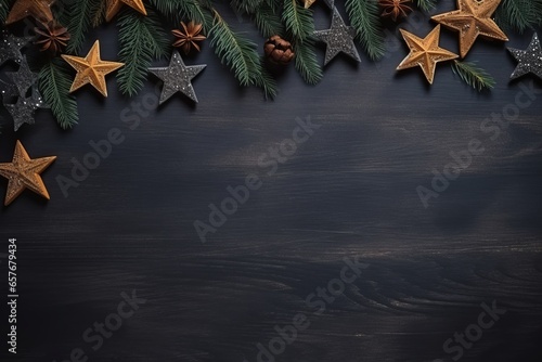 Dark christmas background with christmas decoration, top view photo