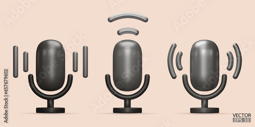 3D black microphone on stand icon set. Podcast icon vector. Voice vector icon, Record. audio equipment, Broadcasts, and interviews. 3d vector illustration.