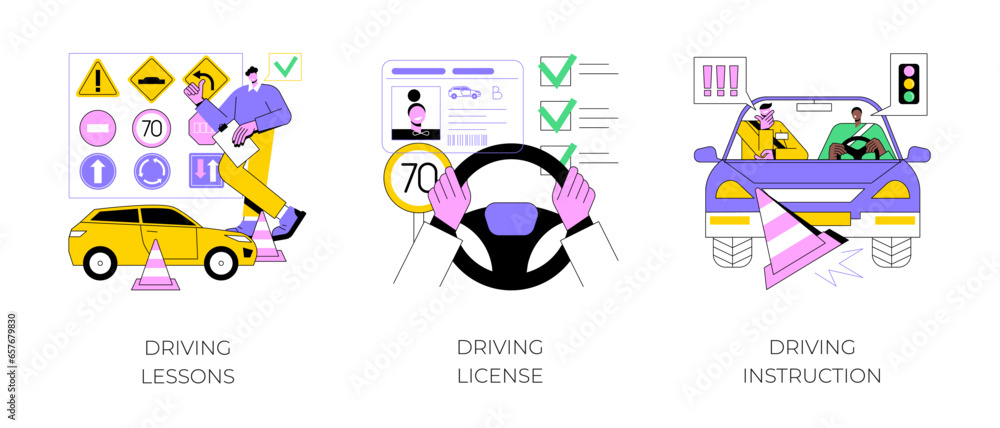 Driving school abstract concept vector illustration set. Driving lessons and instruction, driving license, passing test, ID card, international permit, exam preparation, certificate abstract metaphor.