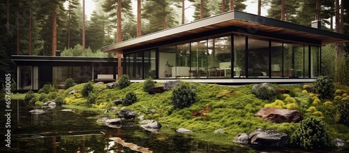 modern house with mossy garden