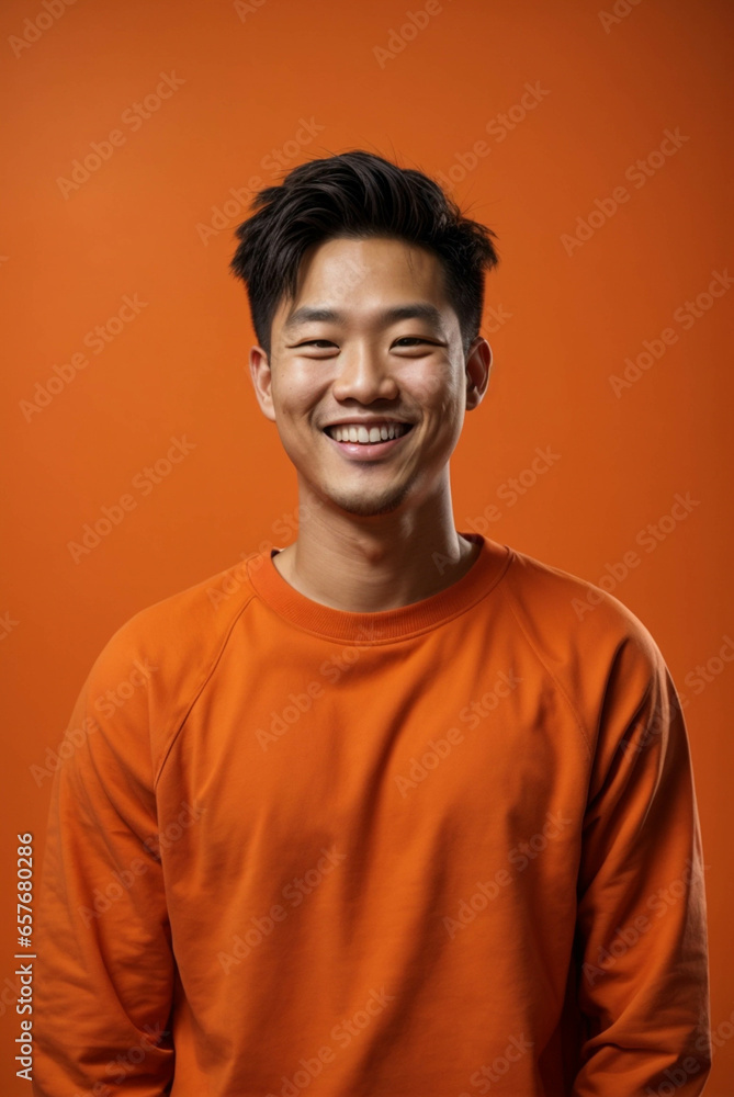 happy young asian man, smiling and laughing, dressed in comfortable clothes and orange sweatshirt for clothing sale mockup and print on demand. orange background happy young asian man, smiling and laughing, dressed in comfortable clothes and orange sweatshirt for clothing sale mockup and print on demand. orange background