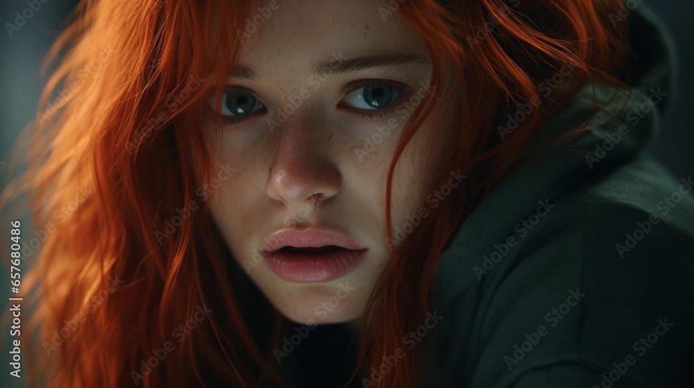 Fototapeta premium Portrait of a beautiful red-haired girl with freckles on her face