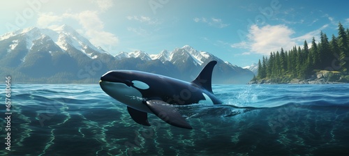 Orca whale on water surface. Generative AI technology. © Hero Design