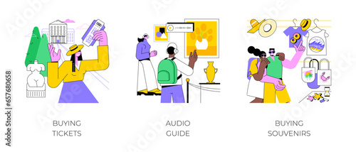 Visiting a museum isolated cartoon vector illustrations set. Buying tickets, city trip, couple listen to audio guide, wearing headset, art gallery exhibition, people buying souvenirs vector cartoon.