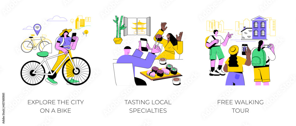 City trip activities isolated cartoon vector illustrations set. Explore the town on a bike, tasting local specialties, free walking tour with a local guide, cultural experience vector cartoon.