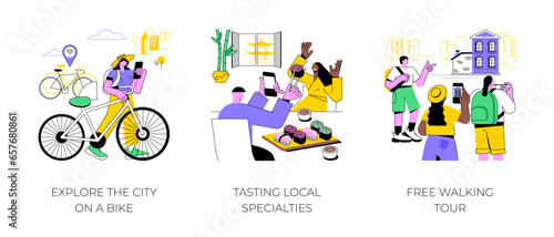 City trip activities isolated cartoon vector illustrations set. Explore the town on a bike, tasting local specialties, free walking tour with a local guide, cultural experience vector cartoon.