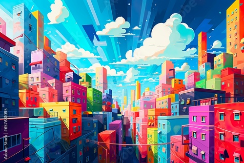 The tops of multi-storey buildings against the sky, a city landscape in a mixed style of groovy and pop-art