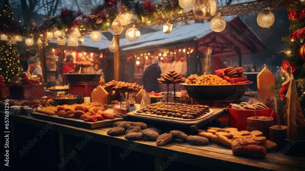 a vendor's stall filled with an array of holiday goodies, from handmade crafts to festive treats. the vibrant colors and textures of the items for sale. - obrazy, fototapety, plakaty 
