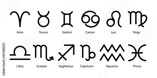 Zodiac signs set. Isolated horoscope zodiac symbols Capricorn, Aquarius, Pisces, Aries, Taurus, Gemini, Cancer, Leo, Virgo, Libra, Scorpio. Zodiac astrology signs vector illustration