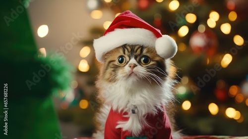 a cat dressed as Santa Claus with a miniature sleigh and presents in a cozy living room. the pet's adorable holiday outfit and cheerful expressions.
