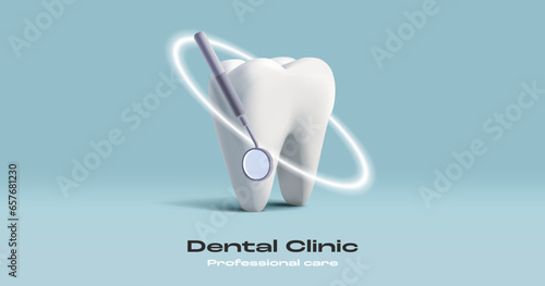 3D illustration of a tooth with dental mirrow and protective shiny circle, dental care poster