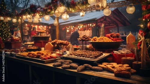 a vendor's stall filled with an array of holiday goodies, from handmade crafts to festive treats. the vibrant colors and textures of the items for sale. photo