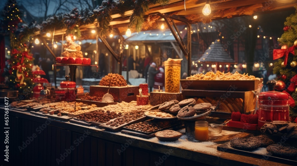 a vendor's stall filled with an array of holiday goodies, from handmade crafts to festive treats. the vibrant colors and textures of the items for sale. - obrazy, fototapety, plakaty 