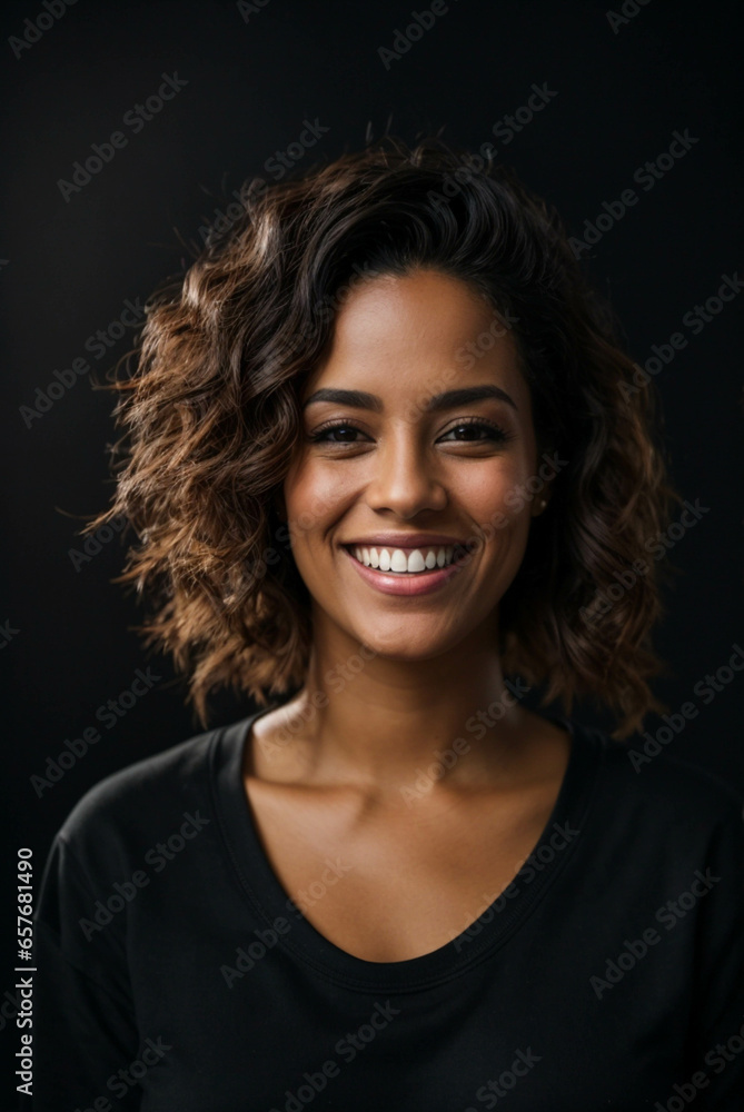 vertical portrait of happy young caucasian latin woman, smiling and laughing, dressed in comfortable clothes, black sweatshirt on black background vertical portrait of happy young caucasian latin woman, smiling and laughing, dressed in comfortable clothes, black sweatshirt on black background