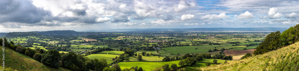 Panoramic view of the Severn Valley from Coaley Peak, Gloucestershire, England, United Kingdom