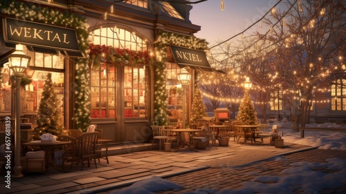 the holiday market as the sun sets and the festive lights begin to illuminate the scene. the warm, cozy ambiance created by the twinkling lights.