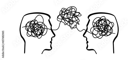 Cartoon brainstorming and mental problem solving, psychotherapy Concept. Complete and total confusion or lack of order. Brains with tangled knot and order in one man's head. Scribbles. Chaos path.