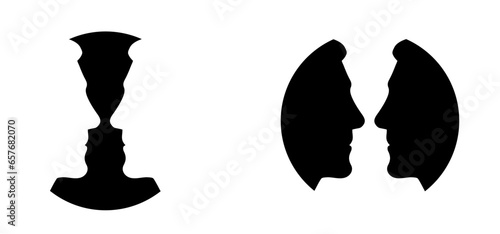 Cartoon round, circle, face profile line pattern, two owerlap outline silhouette heads. Relationships, interpersonal communication, therapy abstract. People faces icon or sign. Two faces duality